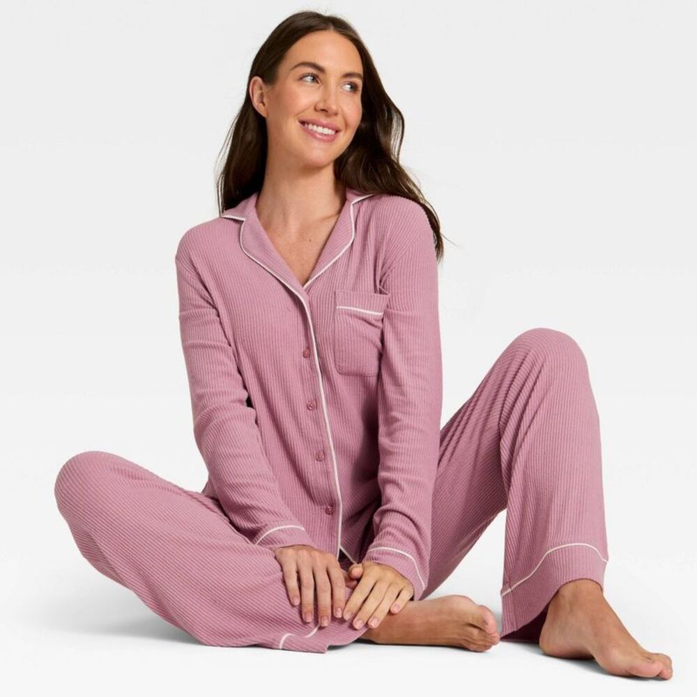 Women's Cozy Ribbed Notch Collar Long Sleeve Pajama Set Pink XS - Picture 3 of 4